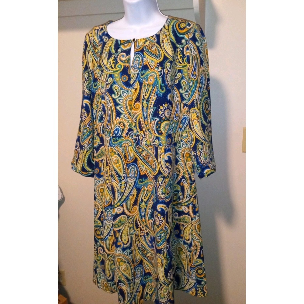 Liz Claiborne Women's Size 12 Paisley Dress 3/4 Sleeve Keyhole Neck Yellow Blue